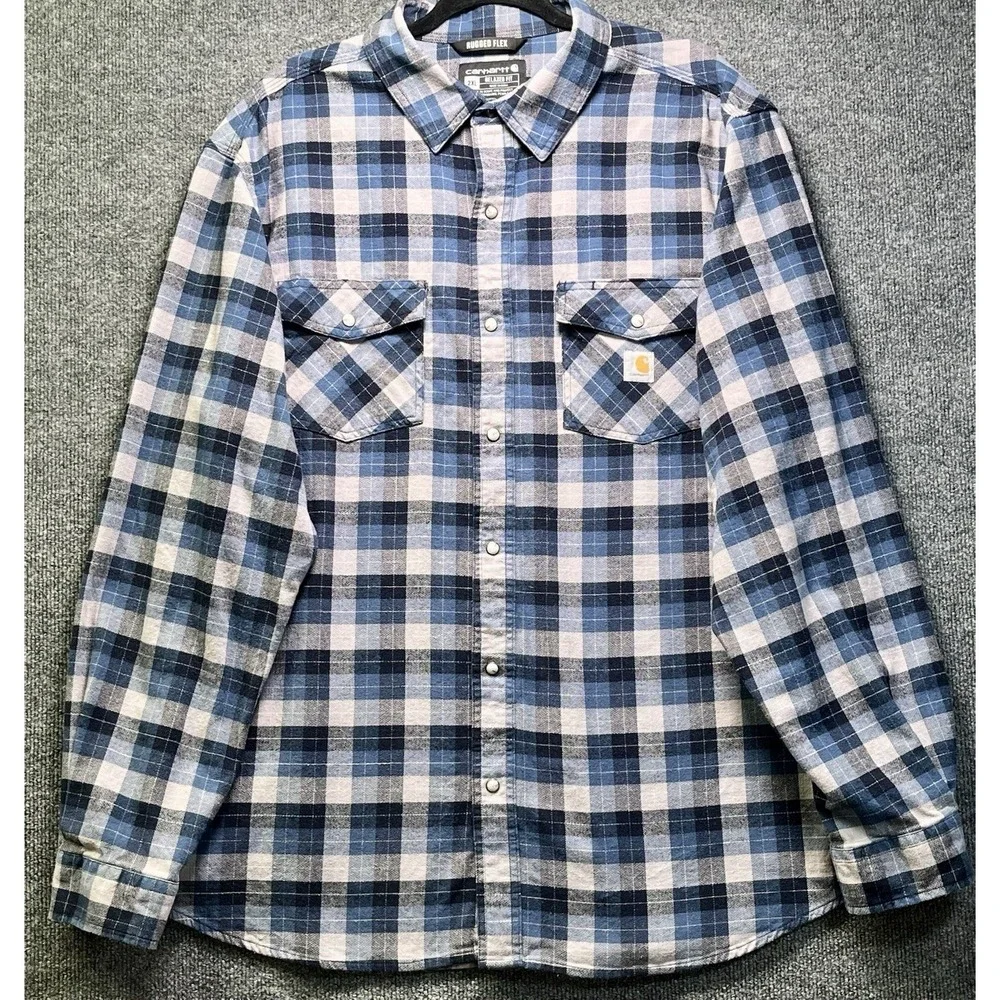 Carhartt 104914-126 Rugged Flex Pearl Snap Flannel Shirt Mens 2XL Blue‎ Plaid - Picture 2 of 10